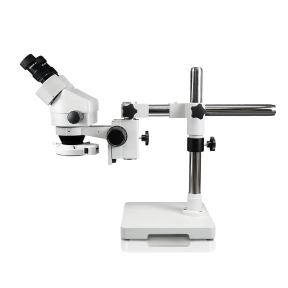 Vision Scientific Binocular Zoom Stereo Microscope, 10x Widefield Eyepiece, 0.7x4.5x Zoom Range, 7x45x Magnification Range, Single Arm Boom Stand, 144-LED Ring Light with Intensity Control