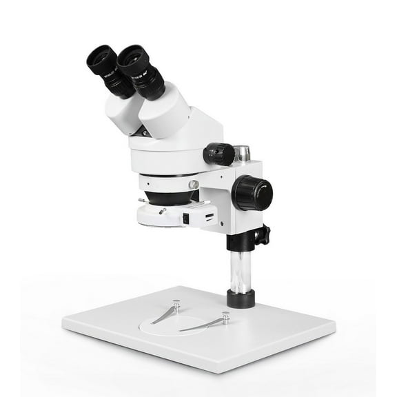 Vision Scientific Binocular Zoom Stereo Microscope, 10x Widefield Eyepiece, 0.7x4.5x Zoom Range, 7x45x Magnification Range, Pillar Stand with Large Base, 144-LED Ring Light with Intensity Control