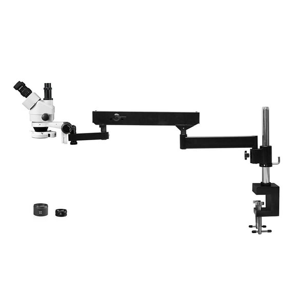 Vision Scientific Trinocular Zoom Stereo Microscope, 10x WF, 0.7x-4.5x Zoom, 3.5x-90x Magnification, 0.5x & 2x Aux Lens, Articulating Arm Pillar Clamp Stand, 144-LED Ring Light with Intensity Control