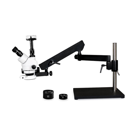 Vision Scientific Trinocular Zoom Stereo Microscope, 10x WF, 3.5x-90x Magnification, 0.5x & 2x Auxiliary Lens, Articulating Arm Pillar Stand w/ Base, 144-LED Ring Light, 5.0MP Digital Eyepiece Camera
