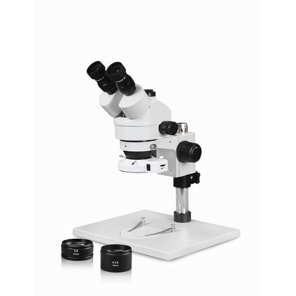 Vision Scientific Trinocular Zoom Stereo Microscope, 10x WF Eyepiece, 0.7x4.5x Zoom, 3.5x90x Magnification, 0.5x & 2x Auxiliary Lens, Pillar Stand with Large Base, 144-LED Ring Light with Control