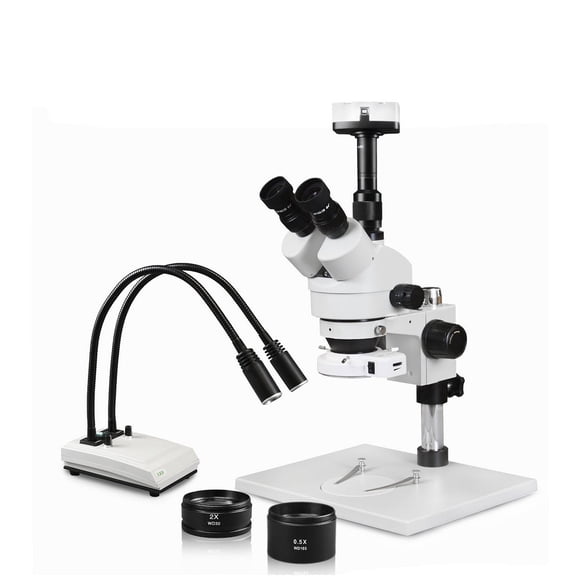 Vision Scientific Trinocular Zoom Stereo Microscope, 10x WF Eyepiece, 3.5x90x Magnification, 0.5x & 2x Aux Lens, Pillar Stand with Large Base, LED Gooseneck Dual Light, 5.0MP Digital Eyepiece Camera