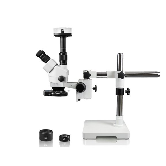Vision Scientific Trinocular Zoom Stereo Microscope, 10x WF Eyepiece, 3.5x90x Magnification, 0.5x & 2x Aux Lens, Single Arm Boom Stand, 144-LED Four-Zone Ring Light, 3.0MP Digital Eyepiece Camera