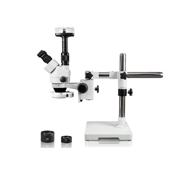 Vision Scientific Trinocular Zoom Stereo Microscope, 10x WF Eyepiece, 3.5x90x Magnification, 0.5x & 2x Aux Lens, Single Arm Boom Stand, 144-LED Ring Light with Control, 3.0MP Digital Eyepiece Camera