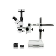 Vision Scientific Trinocular Zoom Stereo Microscope, 10x WF Eyepiece, 3.5x 90x Magnification, 0.5x & 2x Aux Lens, Single Arm Boom Stand, 144-LED Ring Light with Control, 3.0MP Digital Eyepiece Camera