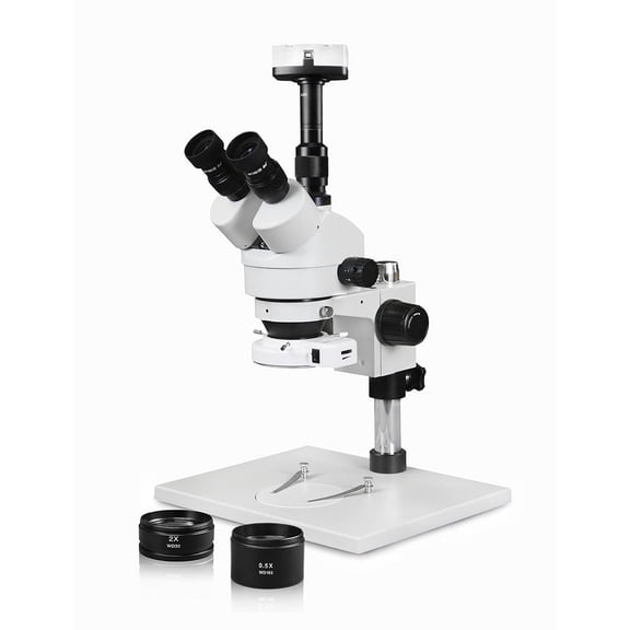 Vision Scientific Trinocular Zoom Stereo Microscope, 10x WF Eyepiece, 3.5x90x Magnification, 0.5x & 2x Auxiliary Lens, Pillar Stand with Large Base, 144-LED Ring Light, 5.0MP Digital Eyepiece Camera