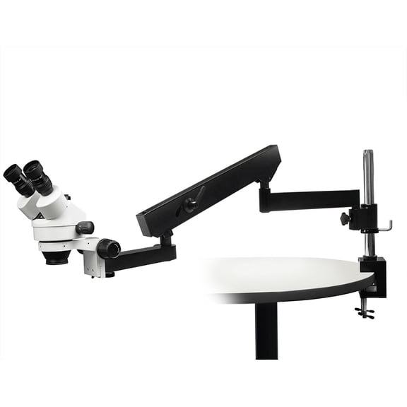 Vision Scientific Trinocular Zoom Stereo Microscope,10x WF Eyepiece, 7x-45x Magnification Range, Articulating Arm Pillar Clamp Stand, 144-LED Ring Light with Intensity Control