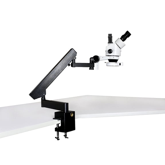 Vision Scientific Trinocular Zoom Stereo Microscope, 10x Widefield Eyepiece, 0.7x4.5x Zoom Range, 7x45x Magnification Range, Articulating Arm Clamp Stand, 144-LED Ring Light with Intensity Control