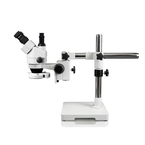 Vision Scientific Trinocular Zoom Stereo Microscope, 10x Widefield Eyepiece, 0.7x4.5x Zoom Range, 7x45x Magnification Range, Single Arm Boom Stand, 144-LED Ring Light with Intensity Control