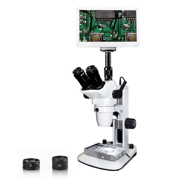 Vision Scientific VMS0006-TZ-RET11.6 Trinocular Zoom Stereo Microscope, 10x WF Eyepiece, 0.67x-4.5x Zoom, 0.5x & 2x Aux Lens, 11.6 inch Retina HD Display w/ 5MP Camera