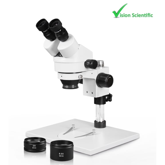 Vision Scientific VS-1AEZ Binocular Zoom Stereo Microscope, 10x WF Eyepiece, 0.7x4.5x Zoom, 3.5x90x Magnification, 0.5x & 2x Auxiliary Lens, Pillar Stand with Large Base