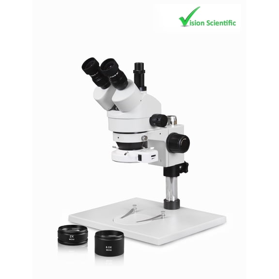 Vision Scientific VS-1AFZ Trinocular Zoom Stereo Microscope, 10x WF Eyepiece, 0.7x4.5x Zoom, 3.5x90x Magnification, 0.5x & 2x Auxiliary Lens, Pillar Stand with Large Base, 144-LED Ring Light