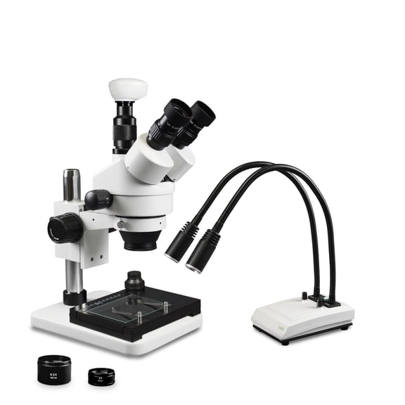 Vision Scientific VS-1FZ-IHL20-5N-MS Trinocular Zoom Stereo, 0.7x4.5x Zoom, 3.5x90x Magnification, LED Gooseneck Dual Light, 5.0MP Digital Eyepiece Camera, Mechanical Stage with Glass Stage Plate