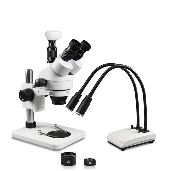 Vision Scientific VS-1FZ-IHL20-5N Trinocular Zoom Stereo, 10x WF Eyepiece, 0.7x4.5x Zoom, 3.5x90x Magnification, Pillar Stand, LED Gooseneck Dual Light, 5.0MP Digital Eyepiece Camera