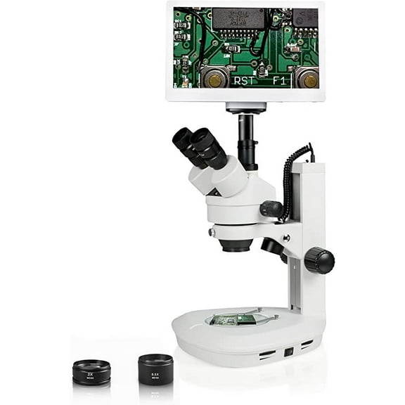 Vision Scientific VS-2FZ-RET11.6 Trinocular Zoom Stereo Microscope, Paired 10x Widefield Eyepiece, 0.7x-4.5x Zoom Range, 0.5x&2x aux lens, 11.6 inch Retina HD Display with 5MP Camera