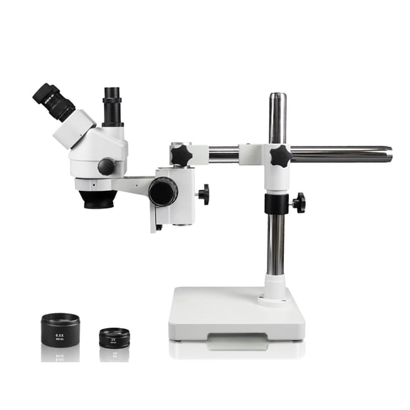 Vision Scientific VS-3FZ Trinocular Zoom Stereo Microscope, 10x WF Eyepiece, 0.7x4.5x Zoom, 3.5x90x Magnification, 0.5x & 2x Auxiliary Lens, Single Arm Boom Stand
