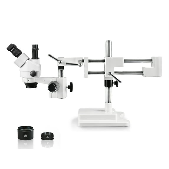 Vision Scientific VS-5FZ Trinocular Zoom Stereo Microscope, 10x WF Eyepiece, 0.7x—4.5x Zoom, 3.5x—90x Magnification, 0.5x & 2x Auxiliary Lens, Double Arm Boom Stand