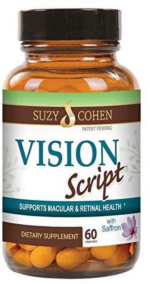 Vision Script by Suzy Cohen with Saffron for Macular, and Retinal Eye Health - Each Capsule Contains Saffron, Black Currant, Lutein, Zeaxanthin, Vitamin C and E, and Zinc Glycinate.