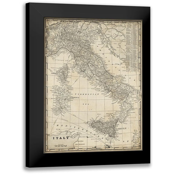 Vision Studio 11x14 Black Modern Framed Museum Art Print Titled - Custom Antique Map of Italy