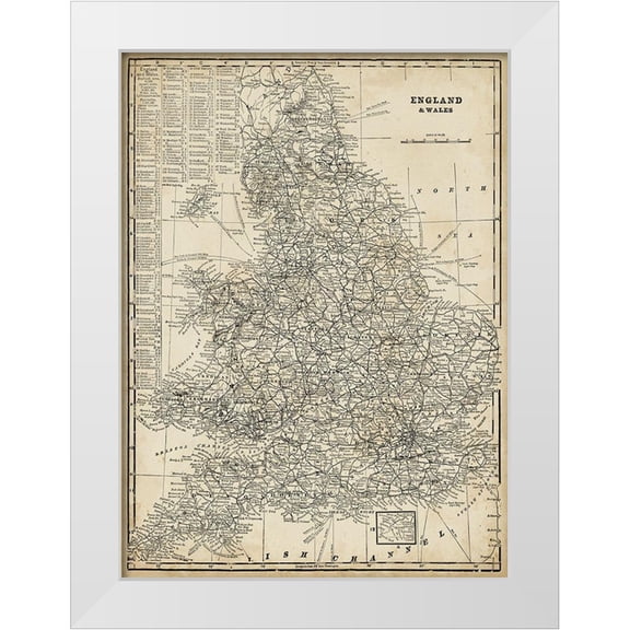 Vision Studio  11x14 White Modern Wood Framed Museum Art Print Titled - Custom Antique Map of England