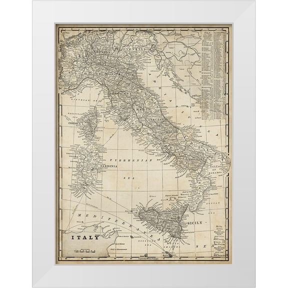 Vision Studio 11x14 White Modern Wood Framed Museum Art Print Titled - Custom Antique Map of Italy