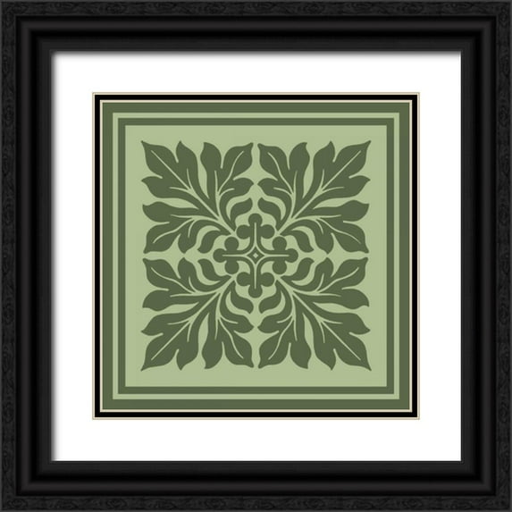 Vision Studio 12x12 Black Ornate Wood Framed with Double Matting Museum Art Print Titled - Tonal Woodblock in Green II