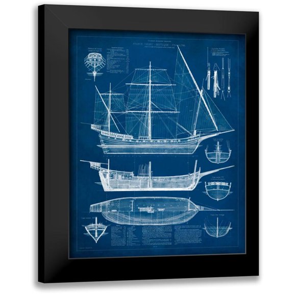 Vision Studio 12x14 Black Modern Framed Museum Art Print Titled - Antique Ship Blueprint I