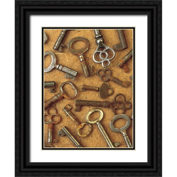Vision Studio 12x14 Black Ornate Wood Framed with Double Matting Museum Art Print Titled - Antique Key Collage