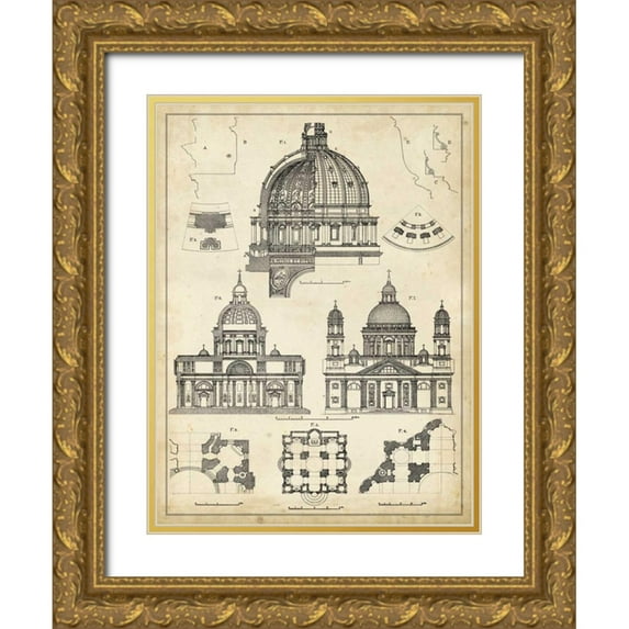 Vision Studio 12x14 Gold Ornate Wood Framed with Double Matting Museum Art Print Titled - Vintage Architects Plan II