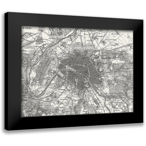 Vision Studio 14x11 Black Modern Framed Museum Art Print Titled - Custom B and W Map of Paris