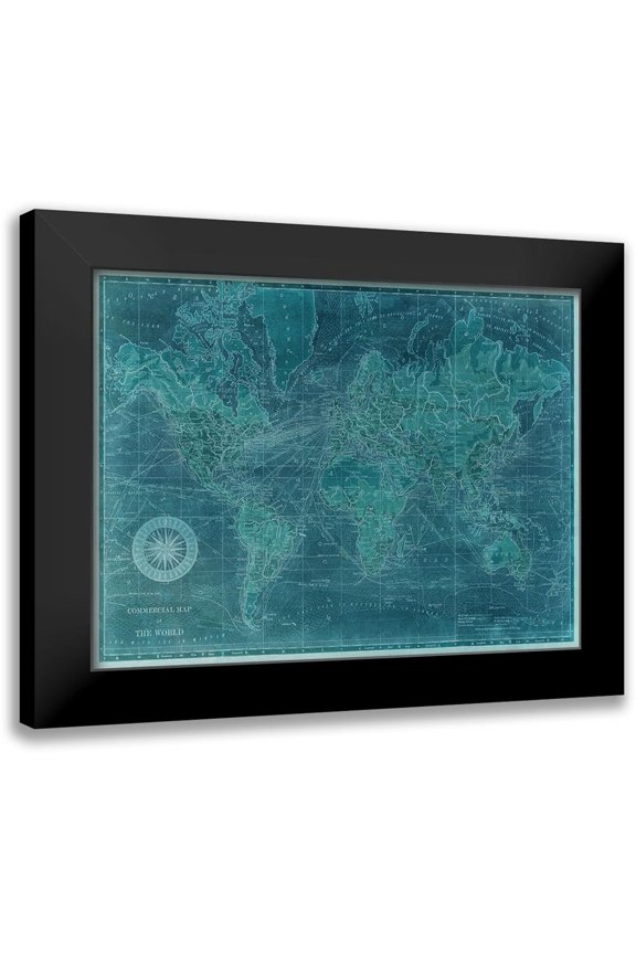Vision Studio 14x12 Black Modern Framed Museum Art Print Titled - Azure World Map