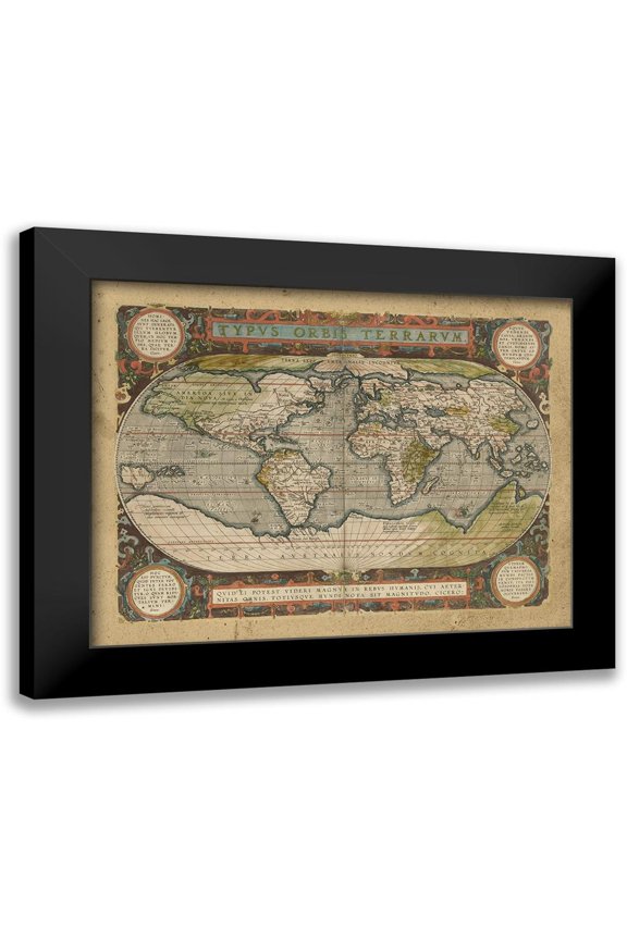 Vision Studio 14x12 Black Modern Framed Museum Art Print Titled - Embellished Antique World Map