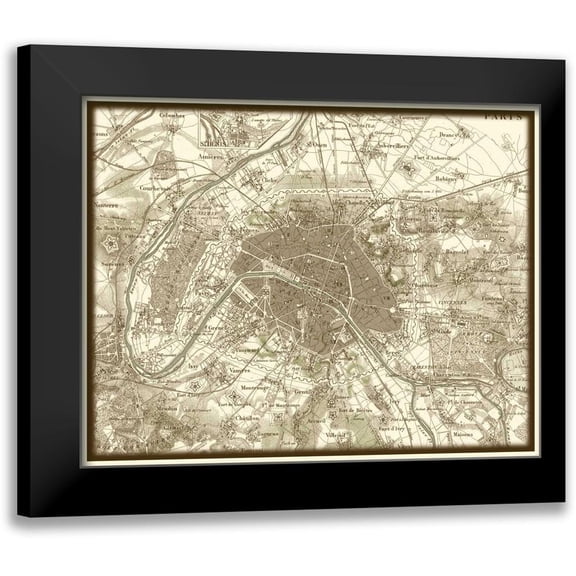Vision Studio 14x12 Black Modern Framed Museum Art Print Titled - Sepia Map of Paris