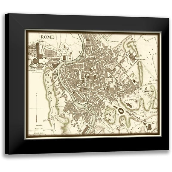 Vision Studio 14x12 Black Modern Framed Museum Art Print Titled - Sepia Map of Rome