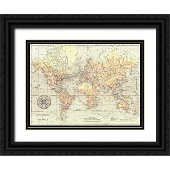 Vision Studio 14x12 Black Ornate Wood Framed with Double Matting Museum Art Print Titled - World Map II