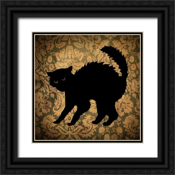 Vision Studio 15x15 Black Ornate Wood Framed with Double Matting Museum Art Print Titled - Cat and Damask