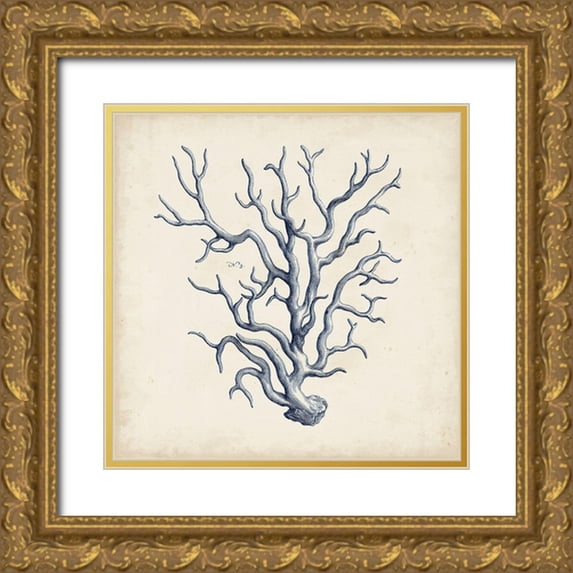 Vision Studio 15x15 Gold Ornate Wood Framed with Double Matting Museum Art Print Titled - Coral Trio in Indigo III