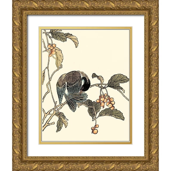 Vision Studio 15x18 Gold Ornate Wood Framed with Double Matting Museum Art Print Titled - Oriental Bird on Branch IV