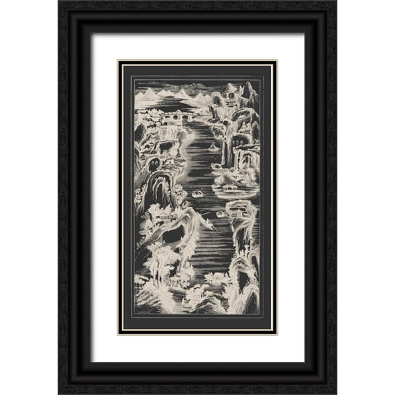 Vision Studio 15x24 Black Ornate Wood Framed with Double Matting Museum Art Print Titled - Chinese Birds-eye View in Grey I