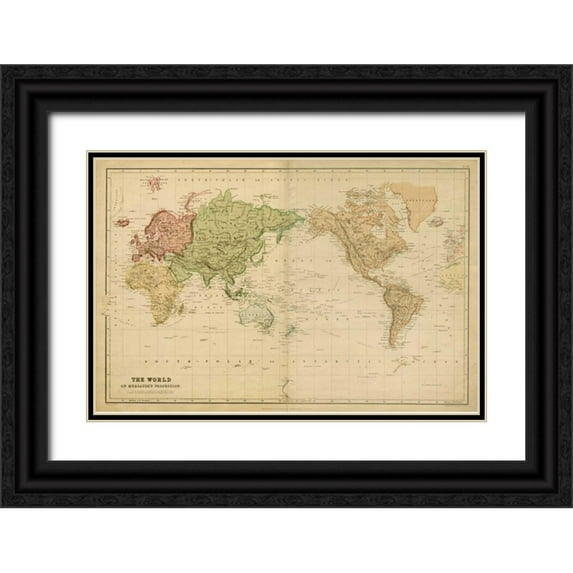 Vision Studio 18x13 Black Ornate Wood Framed with Double Matting Museum Art Print Titled - The World-on Mercators Projection