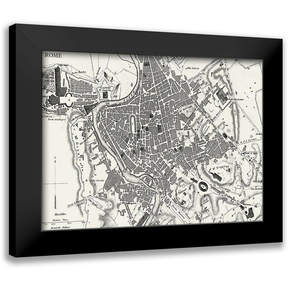 Vision Studio 18x14 Black Modern Framed Museum Art Print Titled - Custom BW Map of Rome