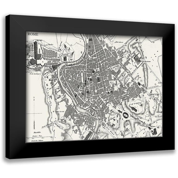 Vision Studio 18x14 Black Modern Framed Museum Art Print Titled - Custom BW Map of Rome
