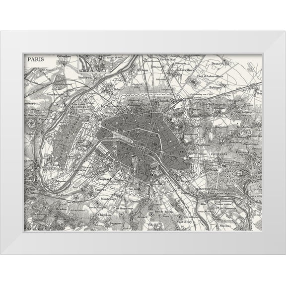 Vision Studio 18x14 White Modern Wood Framed Museum Art Print Titled - Custom B and W Map of Paris