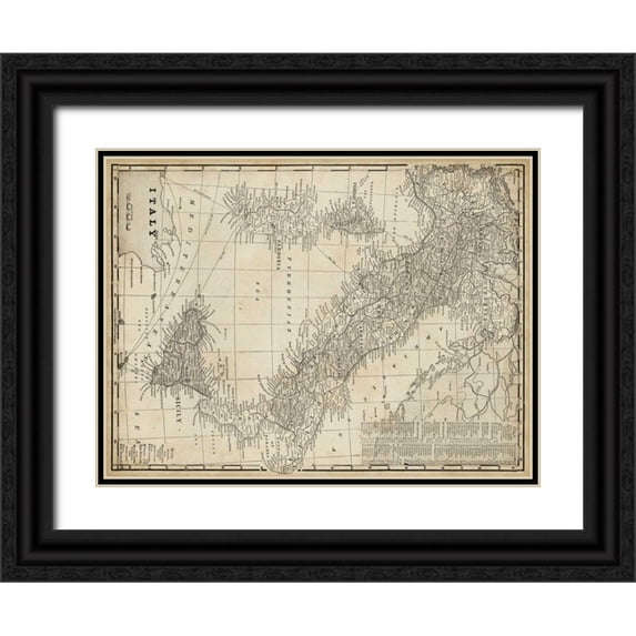 Vision Studio 18x15 Black Ornate Wood Framed with Double Matting Museum Art Print Titled - Antique Map of Italy