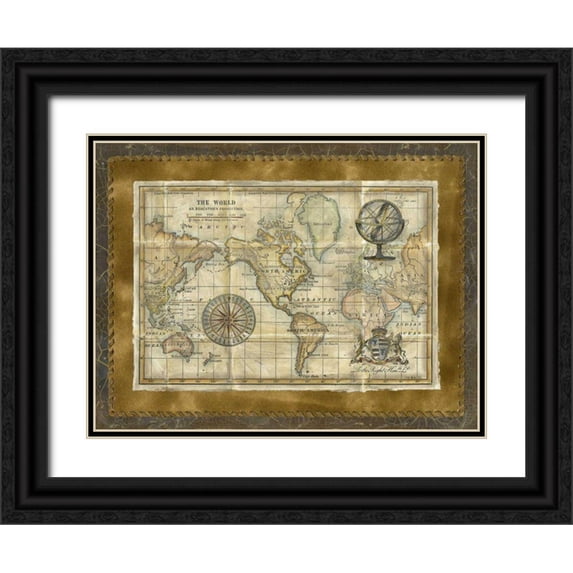 Vision Studio 18x15 Black Ornate Wood Framed with Double Matting Museum Art Print Titled - Antique World Map
