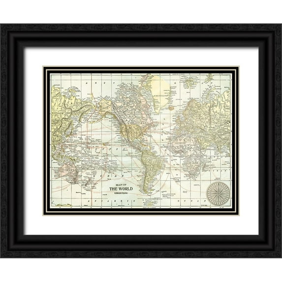Vision Studio 18x15 Black Ornate Wood Framed with Double Matting Museum Art Print Titled - World Map with Black Border