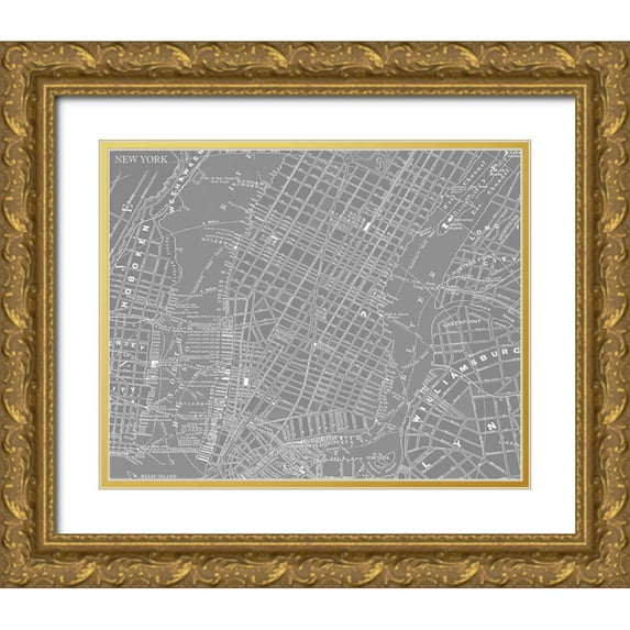 Vision Studio 18x15 Gold Ornate Wood Framed with Double Matting Museum Art Print Titled - Custom Grey Map of New York