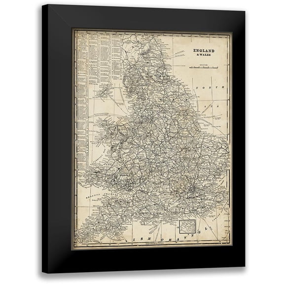 Vision Studio 19x24 Black Modern Framed Museum Art Print Titled - Custom Antique Map of England