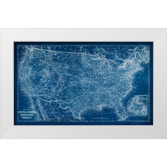 Vision Studio 24x16 White Modern Wood Framed Museum Art Print Titled - US Map Blueprint