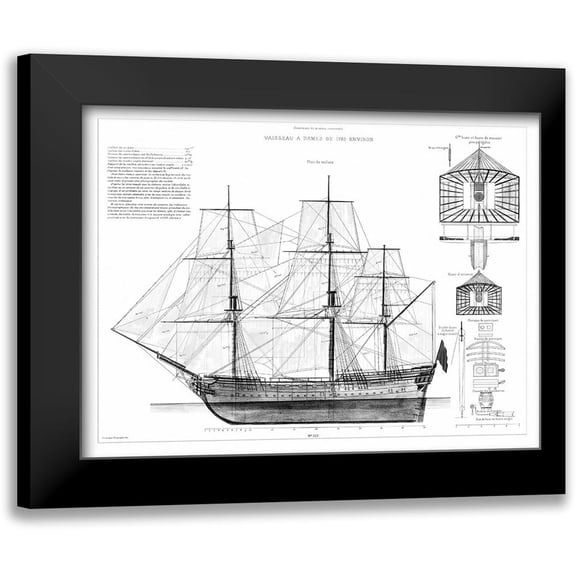Vision Studio 24x19 Black Modern Framed Museum Art Print Titled - Custom Antique Ship Blueprint in BW IV